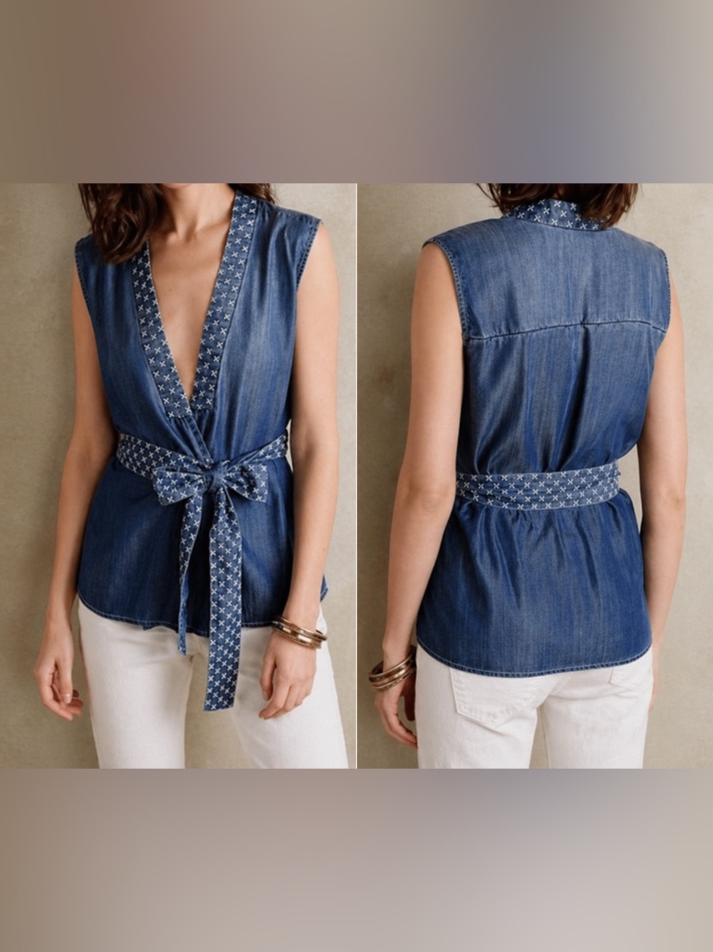 Anthropologie Holding Horses Chambray Wrap Top Belted V Neck Blue Size M